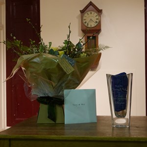 Gifts - Bouquet of Flowers, engraved vase and card with a cheque enclosed