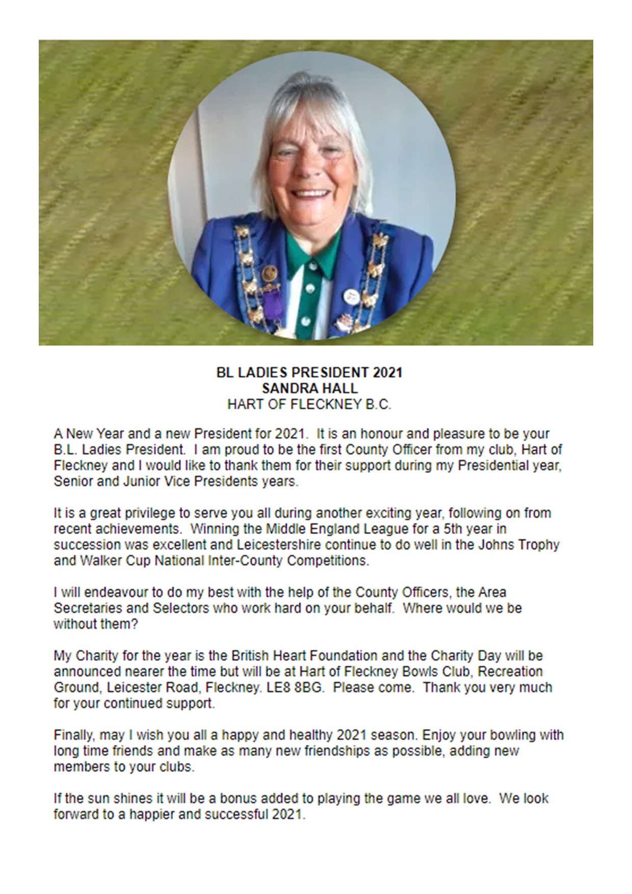 Hart of Fleckney Bowls Club Ladies County President