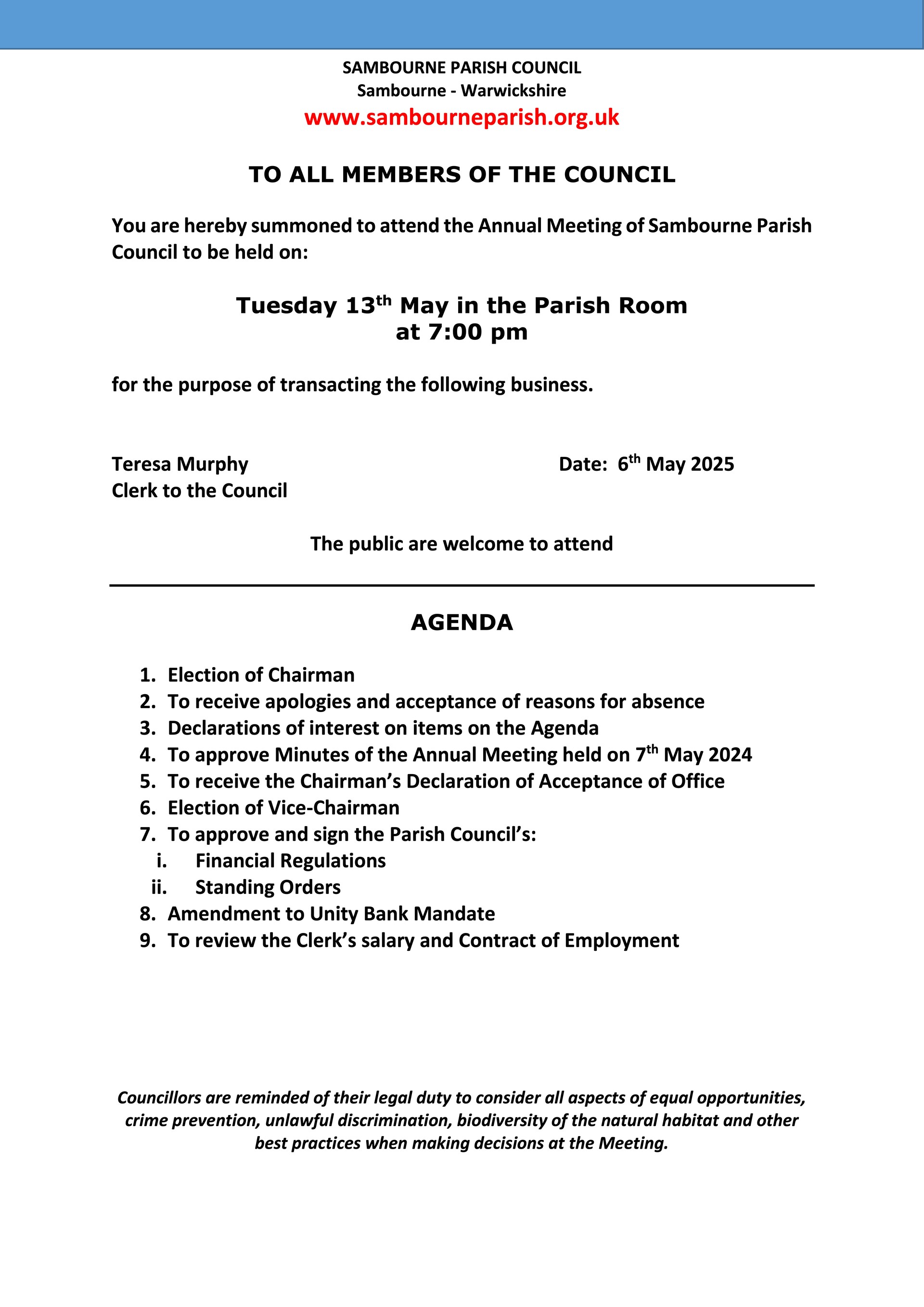 Sambourne Parish Council Agendas