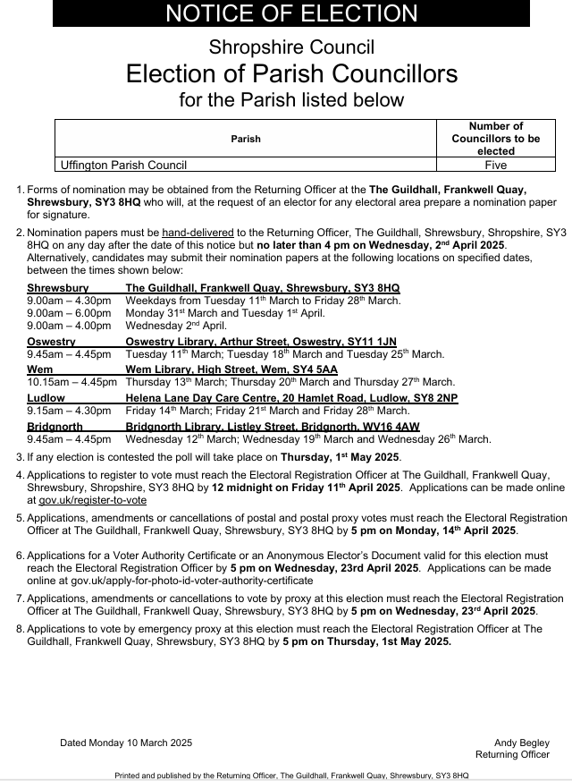 Elections of Parish Councillors for Uffington Parish Council will take place on Thursday 1st May 2025