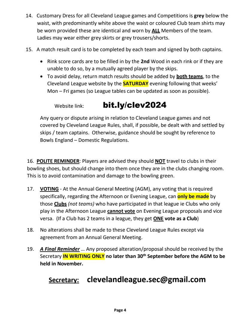 CLEVELAND BOWLS LEAGUE 1921 Rules - Updated Jan 2024