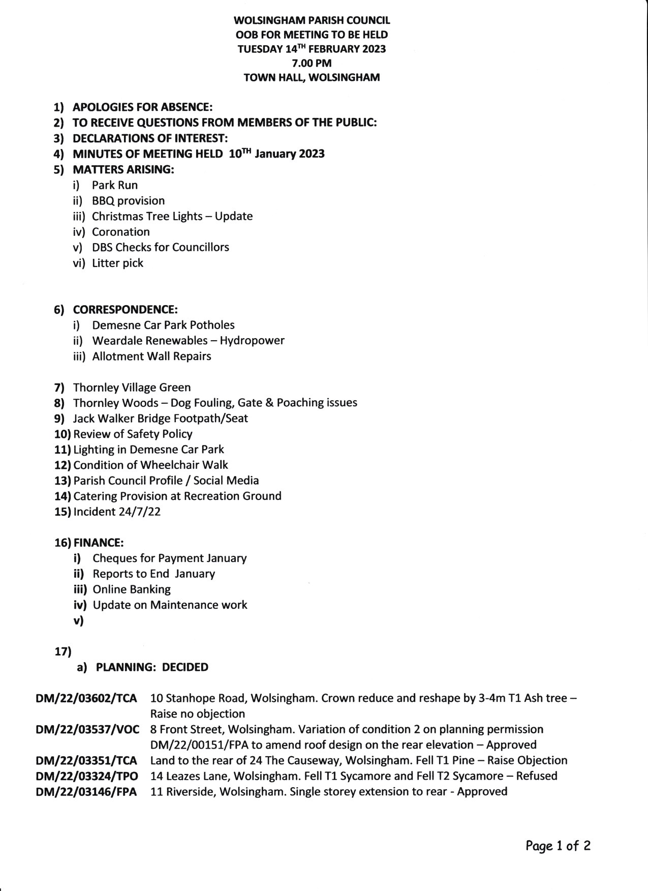 Wolsingham Parish Council Agenda 14th February 2023