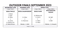 West Mersea Bowls Club 2023 Club Outdoor Finals - Timetable