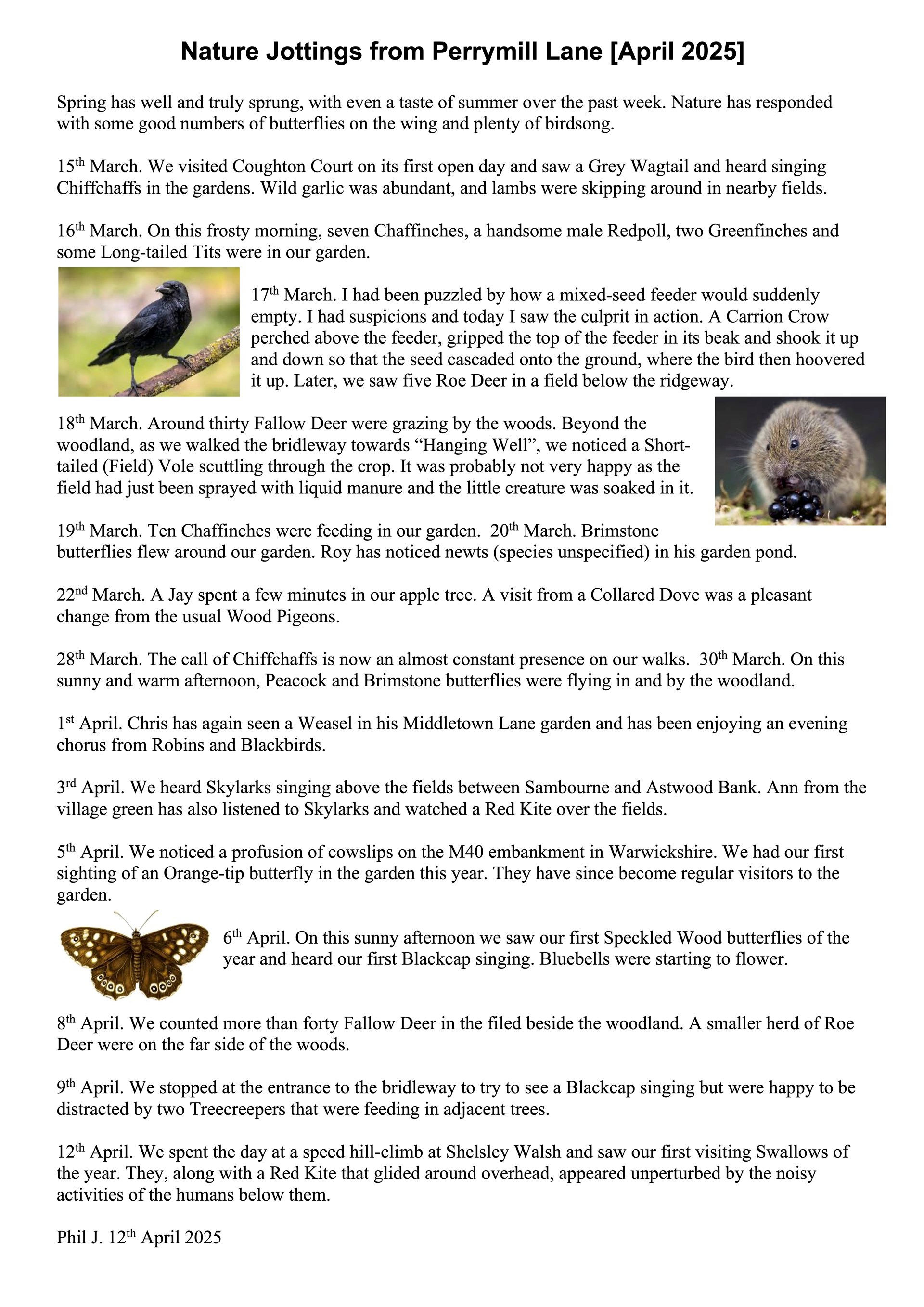 Sambourne Parish Council Wildlife sightings in Sambourne Parish