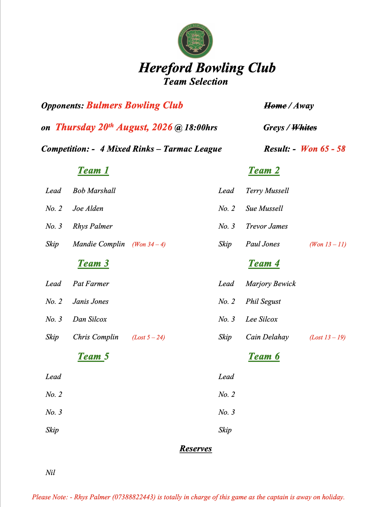 Hereford Bowling Club Bulmers - Tarmac League - 20/08/26