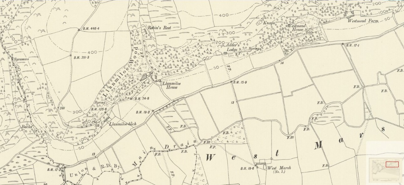 Ordnance survey map of Llanmiloe in 1905 published in 1907