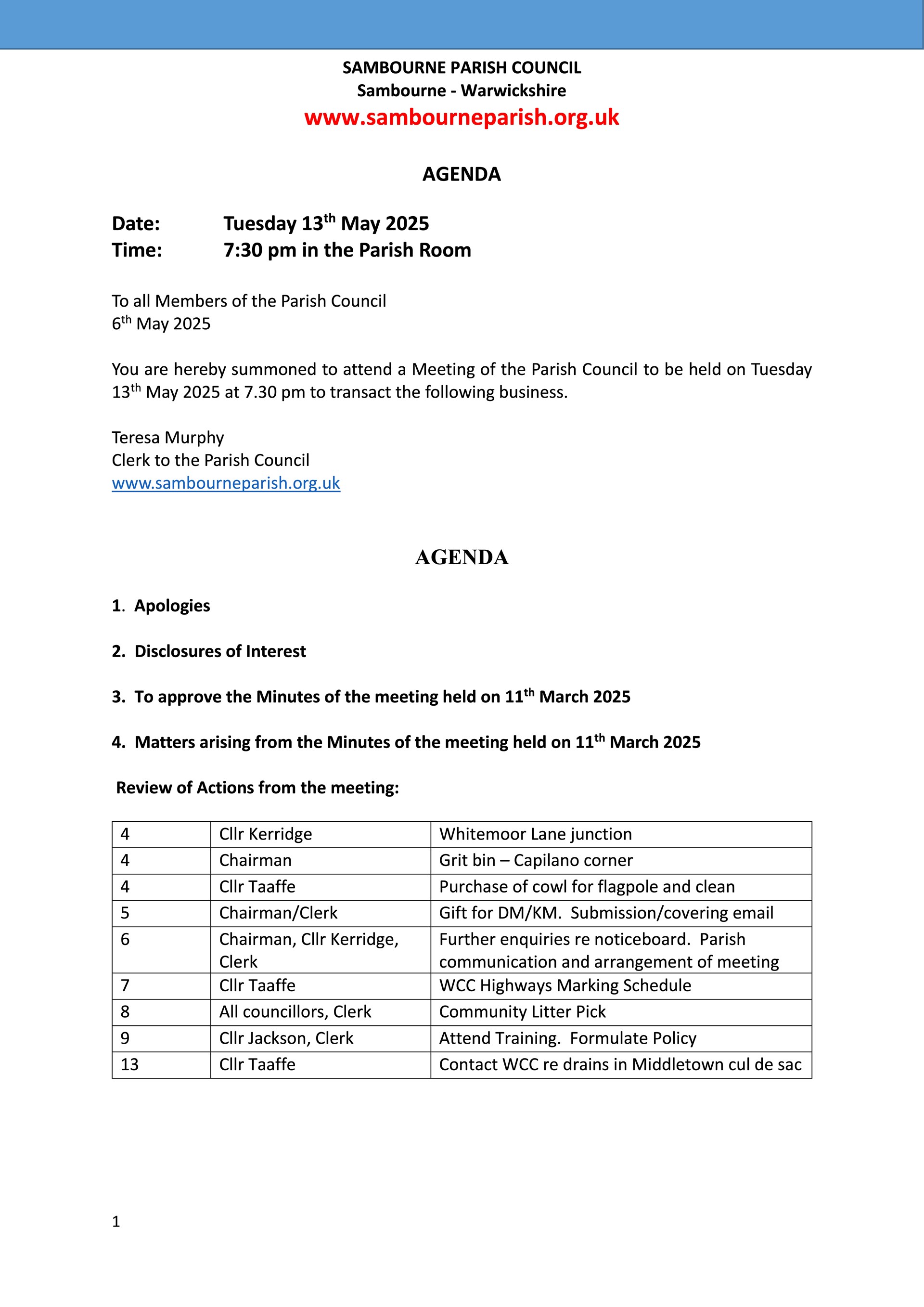 Sambourne Parish Council Agendas