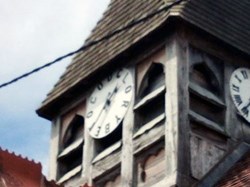A rather interesting church clock face – Jack Spratt was the scrap-heap clockmaker of Wootton Rivers, as well as the village tailor, postman, book-keeper and blacksmith. ©PT
