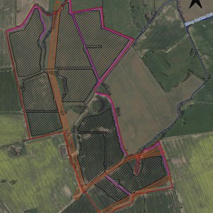 Flood risk assessment showing, in pink, gullies (whales) of downward sloping extremities