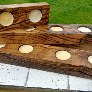 Tea lights in recycled weathered oak