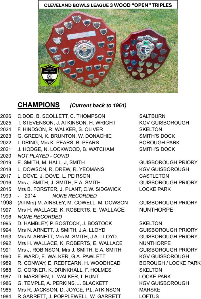 CLEVELAND BOWLS LEAGUE 1921 3 Bowl Open TRIPLES