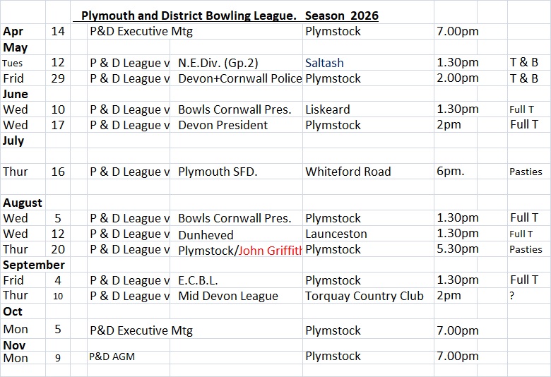 Plymouth & District Mens Bowling League P & D League calendar 16