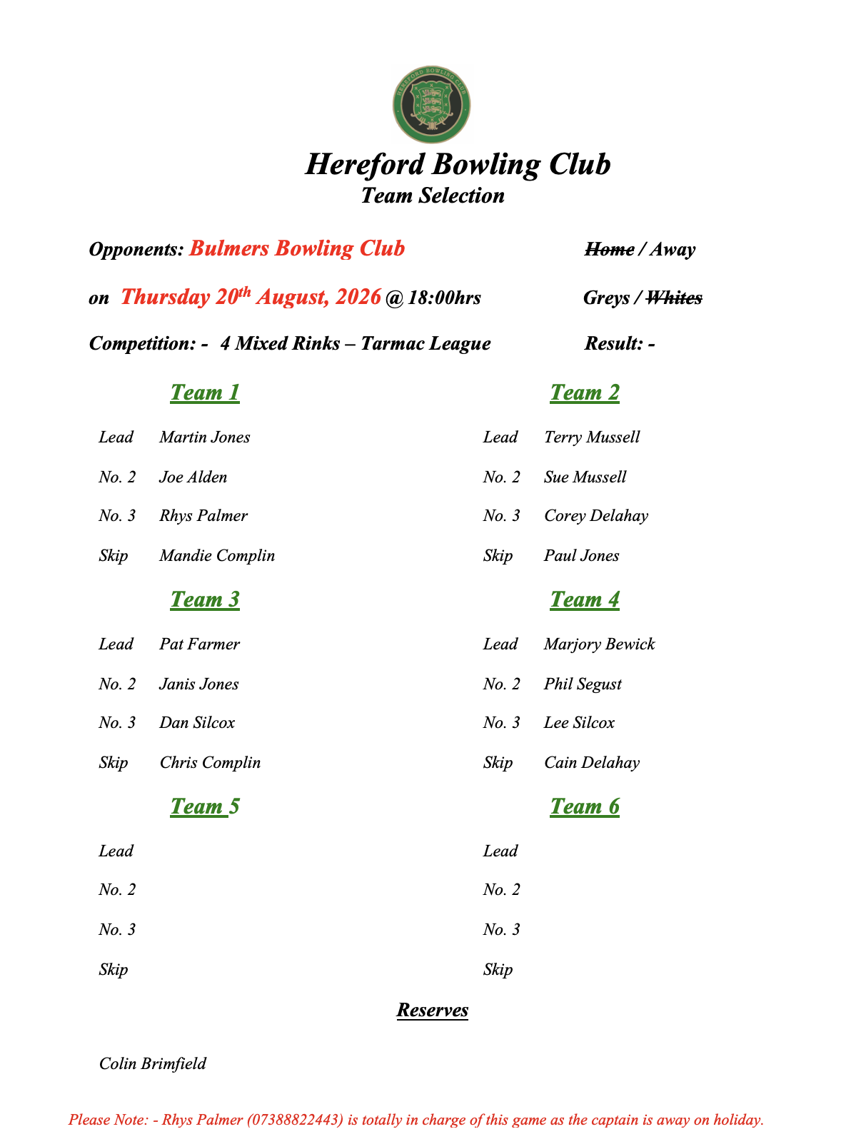 Hereford Bowling Club Bulmers - Tarmac League - 20/08/26