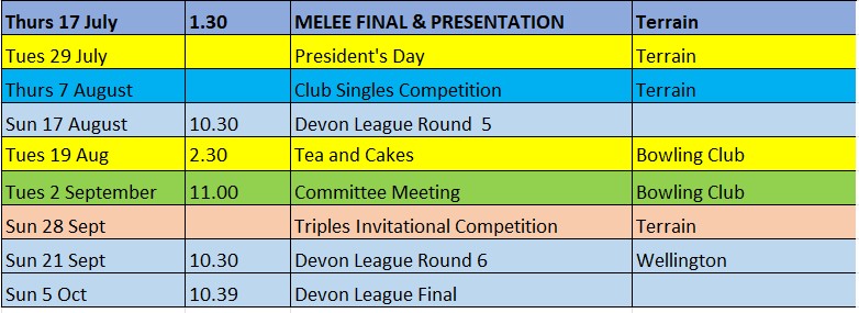 Wellington Pétanque Club Calendar