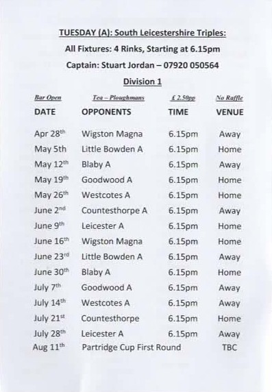 Hart of Fleckney Bowls Club S Leics Triples League