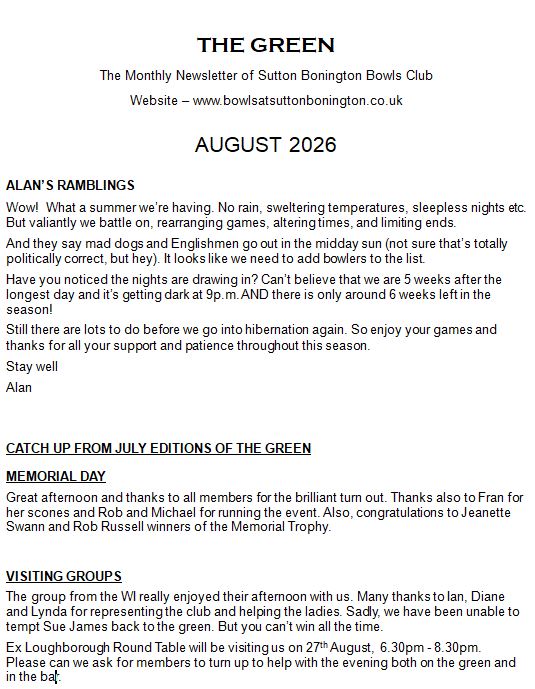 Sutton Bonington Bowls Club The Green - Club Newsletter