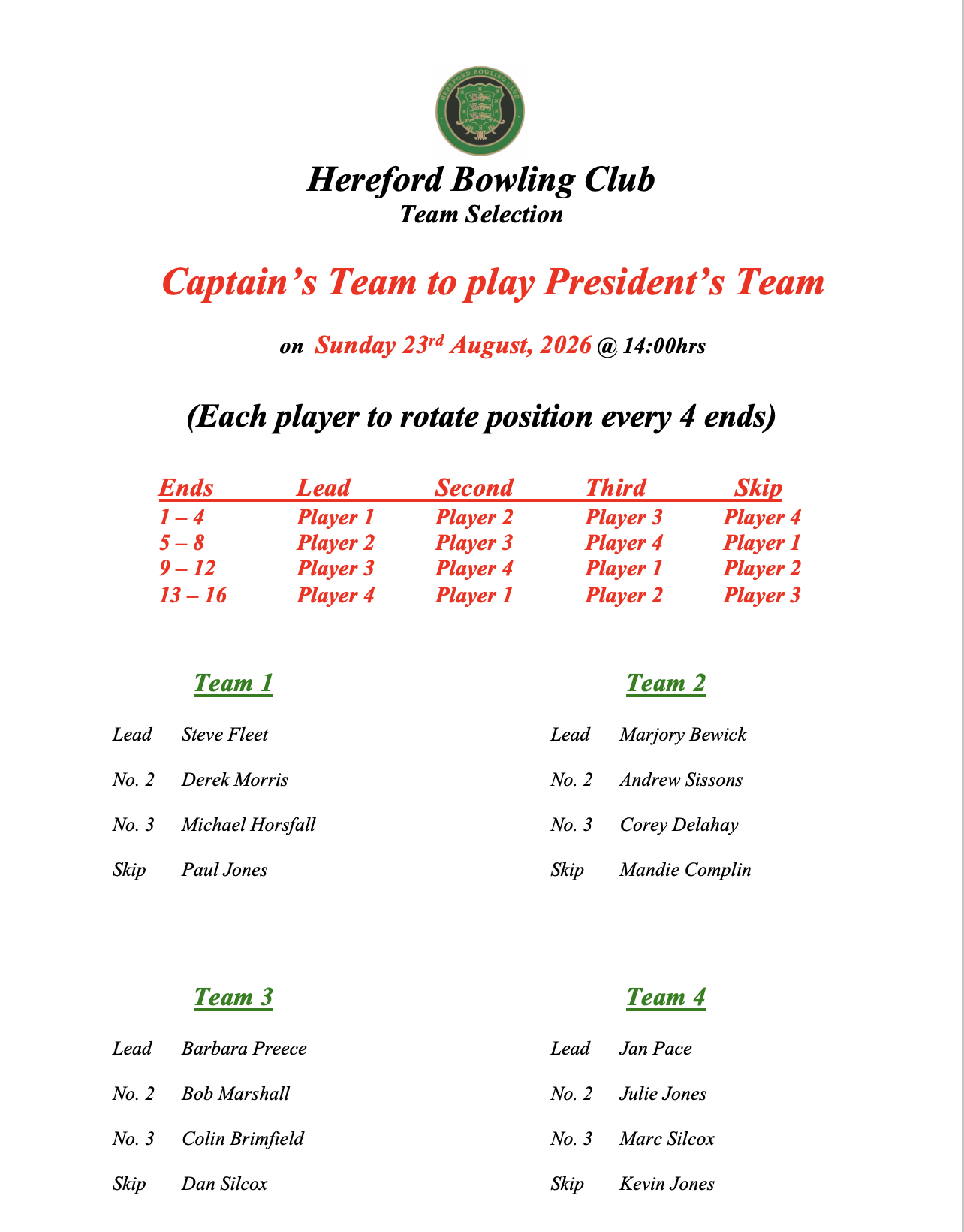 Hereford Bowling Club President v Captain - 23/08/26