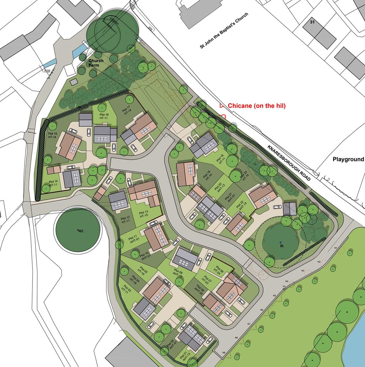 Kebbell Church Farm Final Plan - showing the Chicane on Church Hill