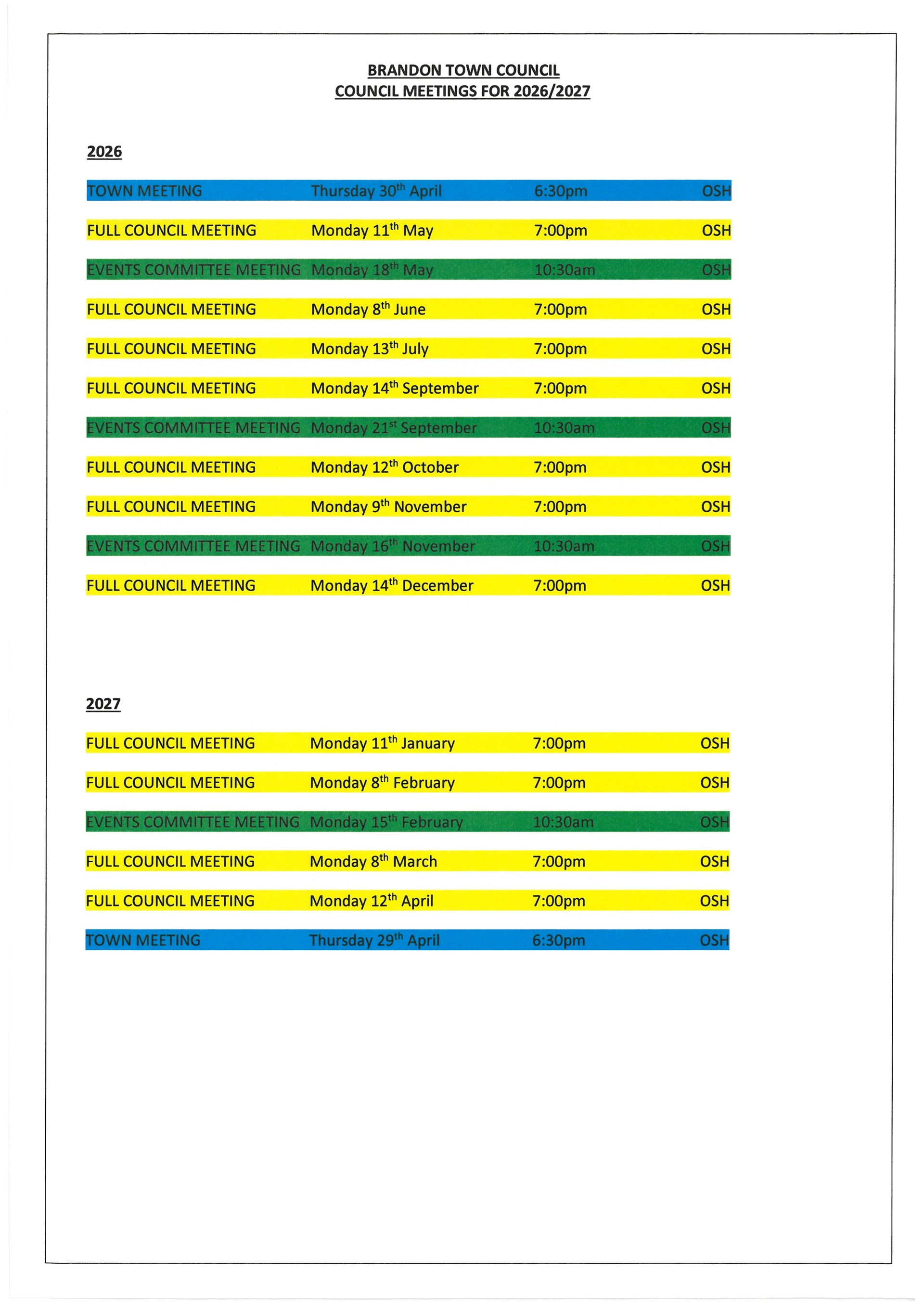 Brandon Town Council Council Meeting dates 2026/2027
