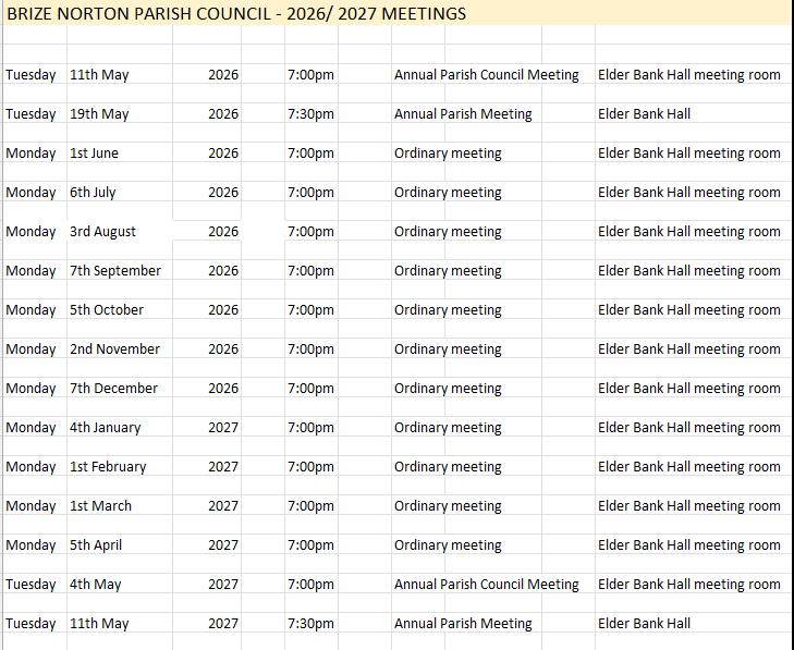 Brize Norton Parish Council Meetings Calendar