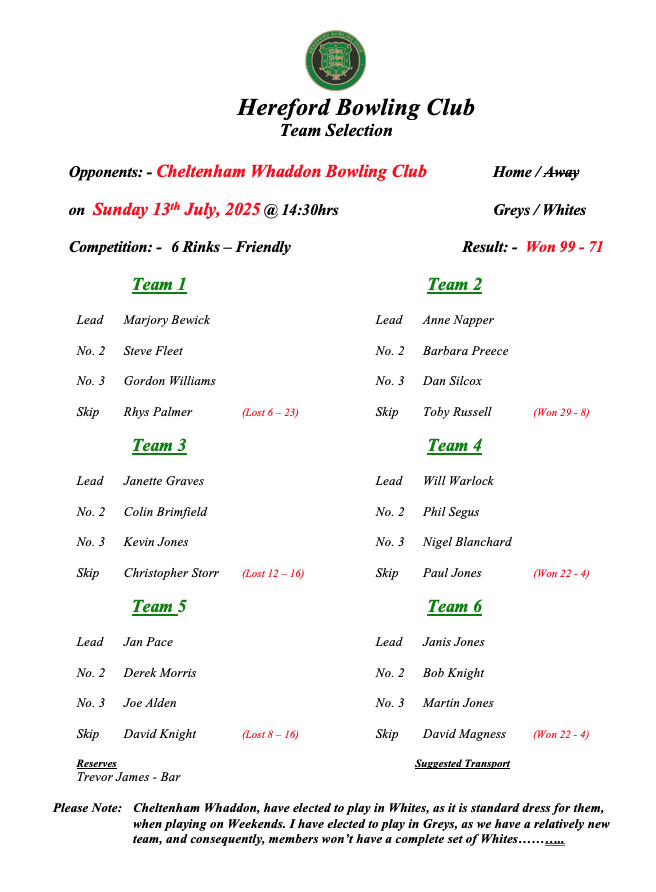 Hereford Bowling Club Cheltenham - Friendly - 13/07/25