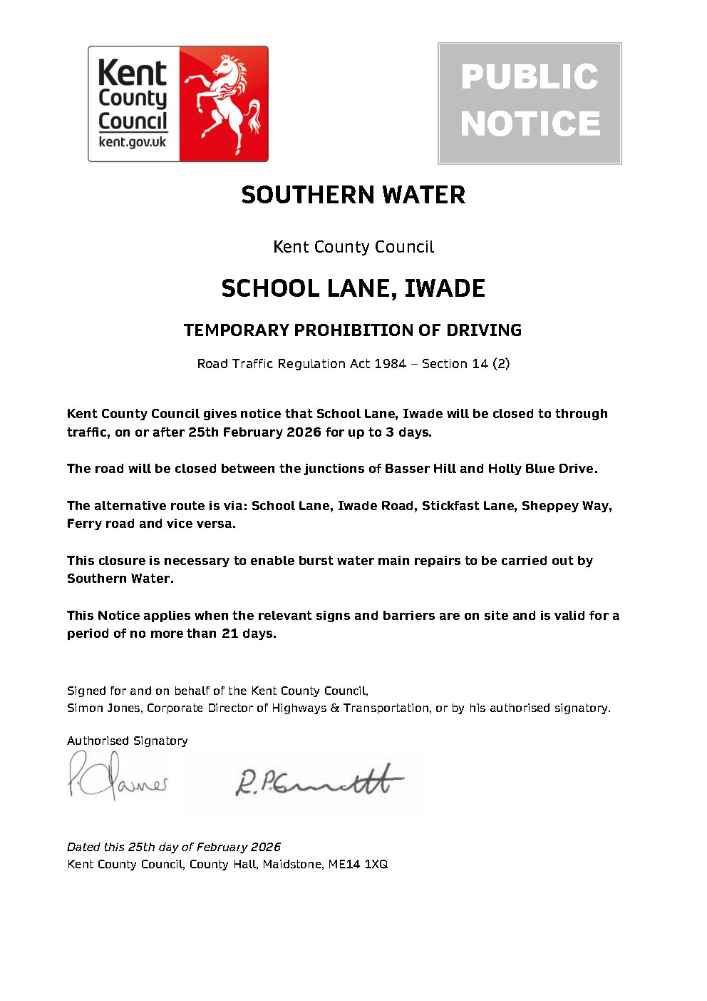Iwade Parish Council Road and Footpath closures