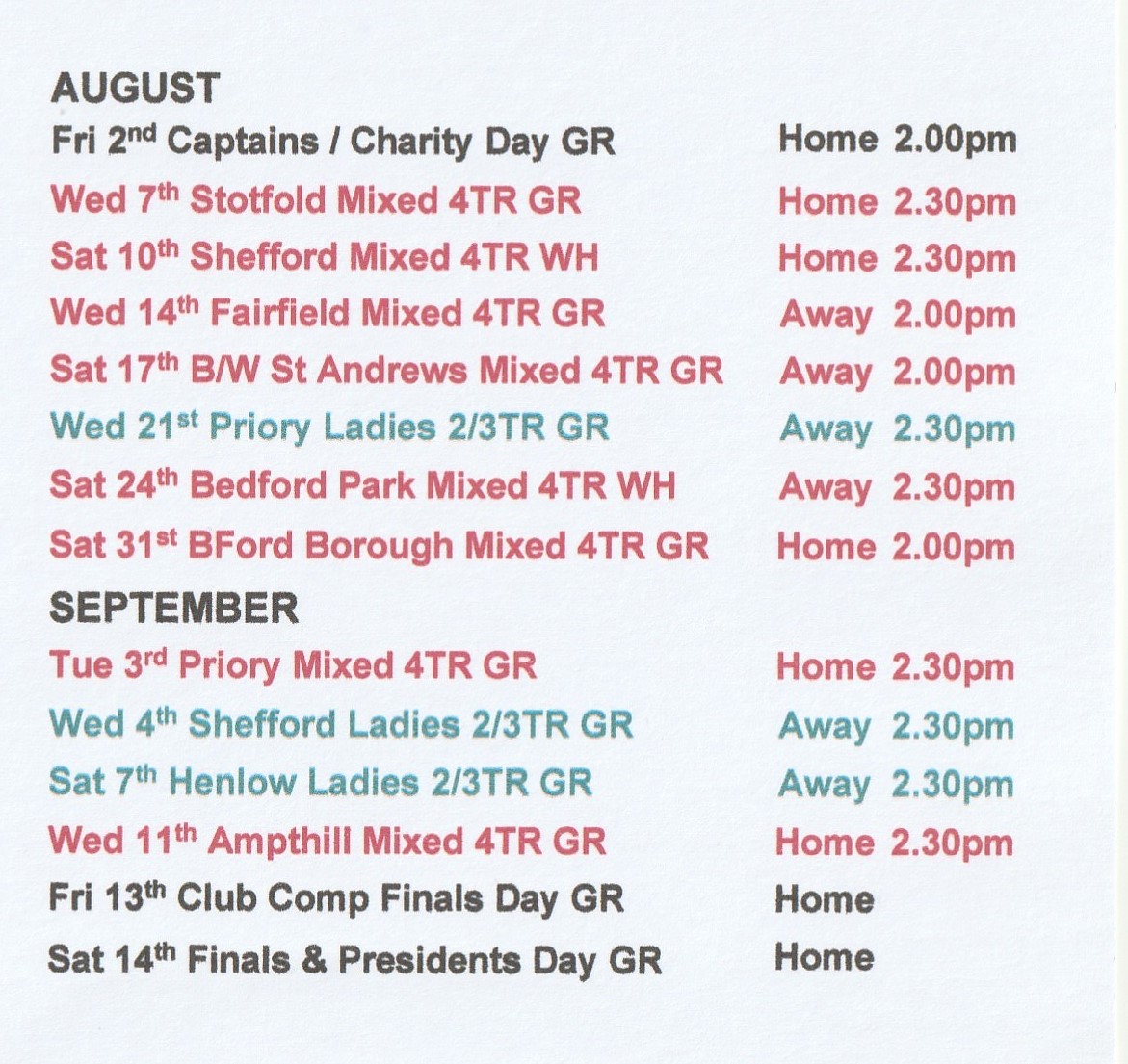 Mowsbury Park Bowls Club Bedford 2021 Fixtures