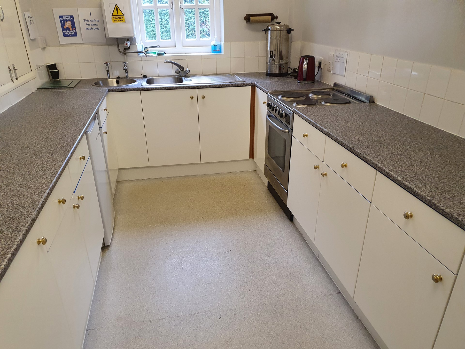Our spacious kitchen, with cooker, fridge, Burco boiler and kettle