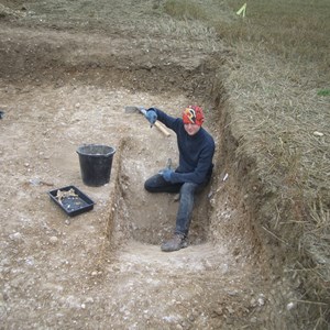 Samuel nearing the bottom of the V-shaped drainage ditch