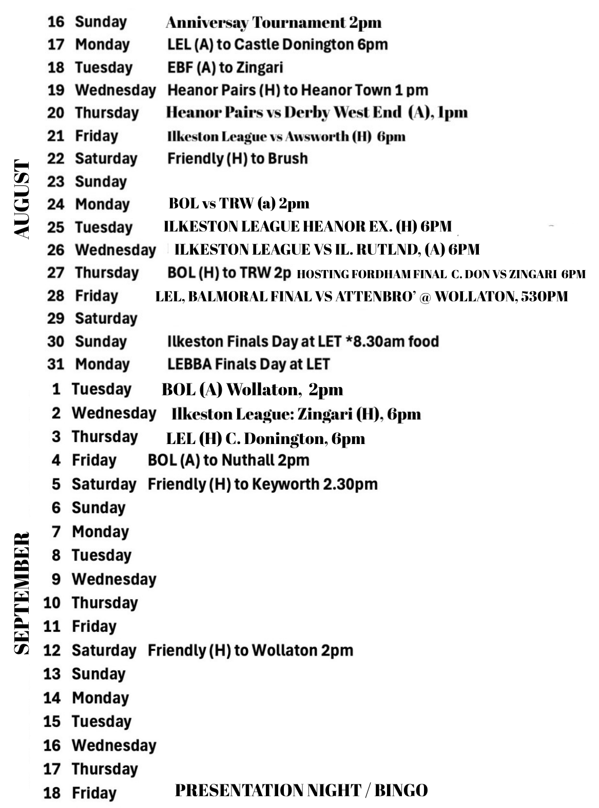 Long Eaton Town Bowls Club Fixtures Calendar