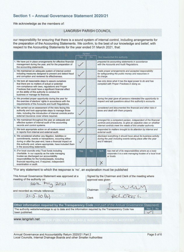 Langrish Parish Council Accounts 2020-2021