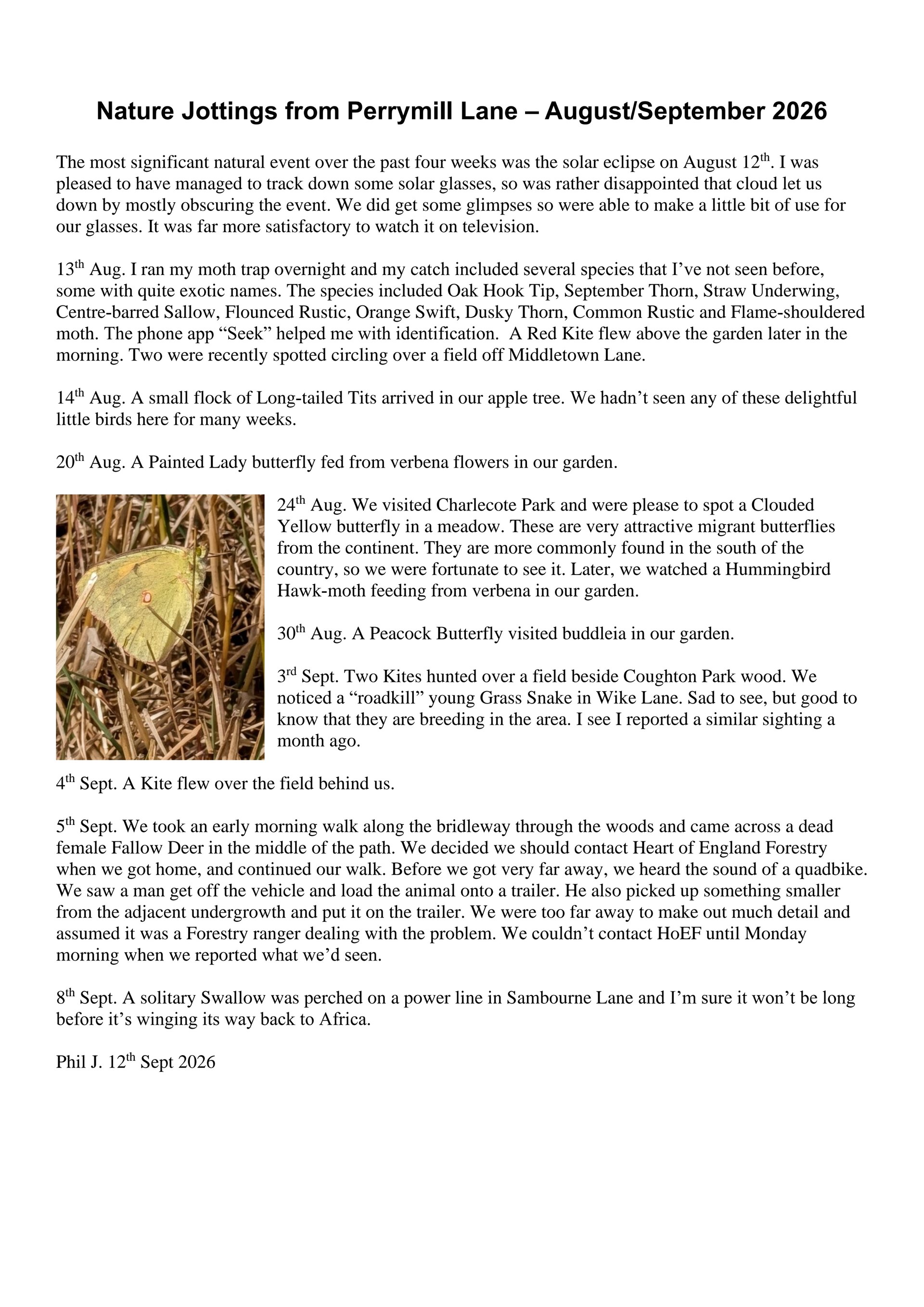 Sambourne Parish Council Local Wildlife Sightings