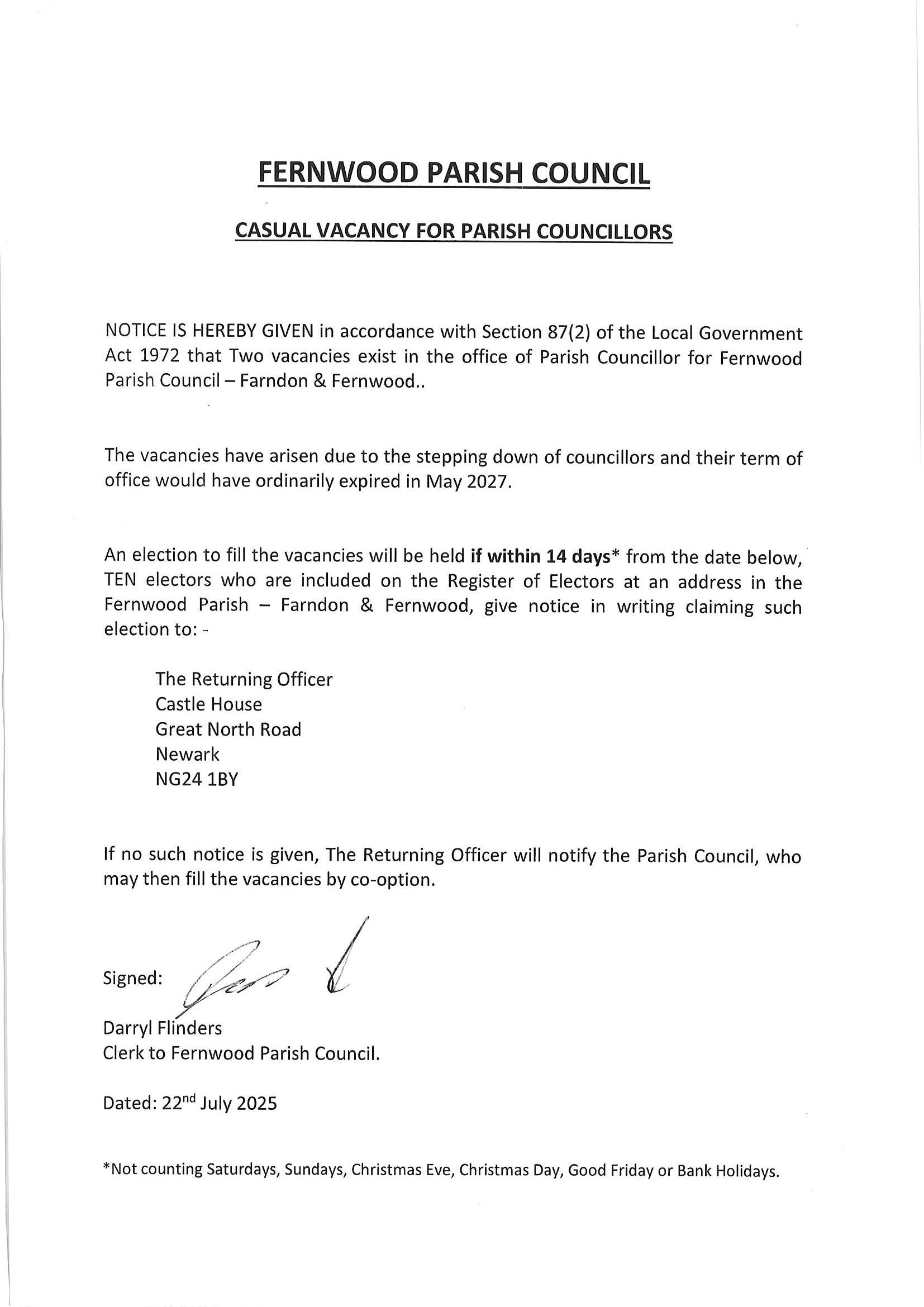 Casual Vacancy for Councillors