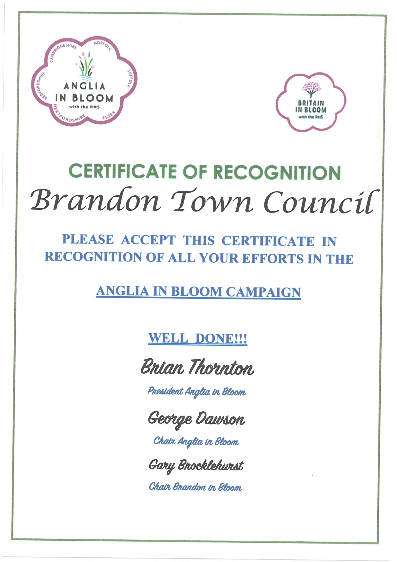 Brandon Town Council Anglia in Bloom