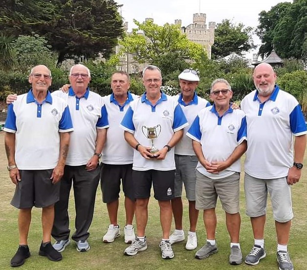 Millennium Cup Winners 2022, from left to right, Bob Davey, Brian Watson, Garth Coates, Mens Captain Gareth Porter handing over the trophy, Nick Newman, Mike Amura and Trevor Epps