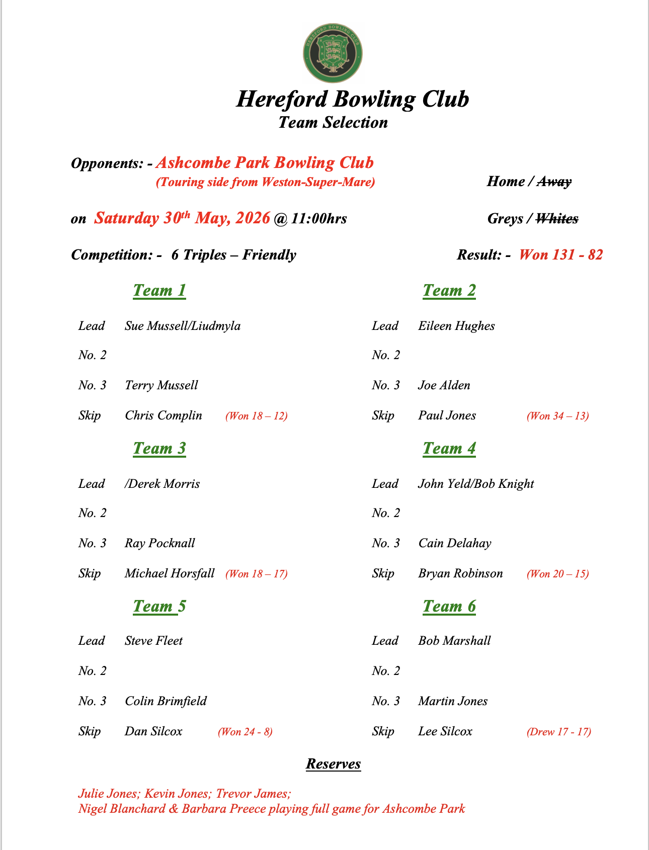 Hereford Bowling Club Ashcombe Park - Friendly - 30/05/26