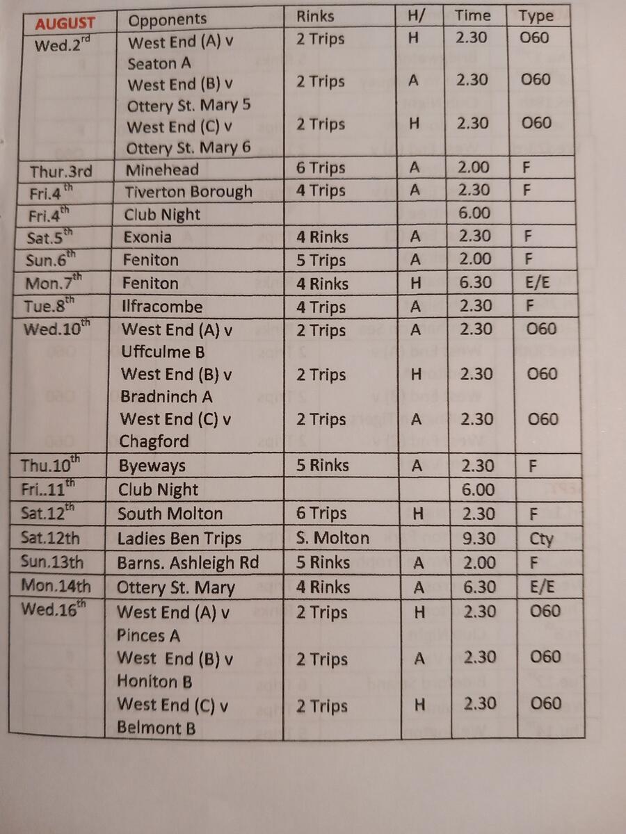Tiverton West End Bowling Club Fixtures 2023
