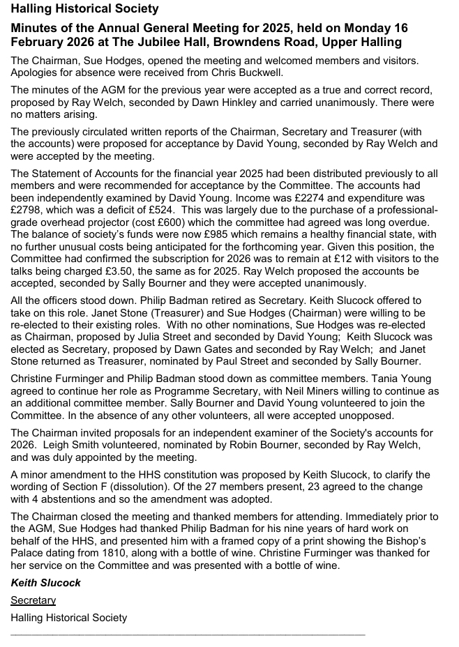 Halling Historical Society Minutes from most recent AGM