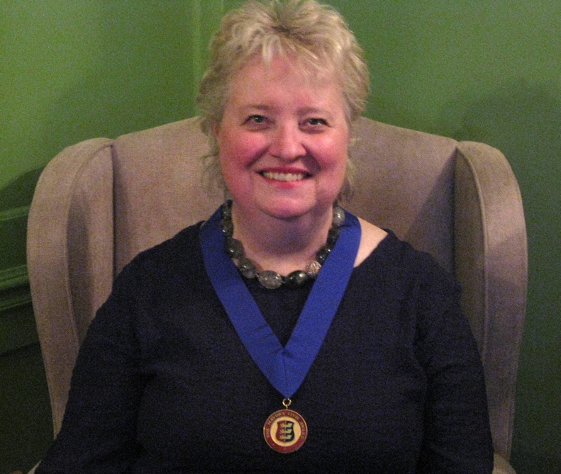 Ann Harrison-Brooks wearing the Mayor’s Civic Award medal, awarded to her in 2016 for services to the community of Sandwich, including her long-term editorship of The Sandwich Society Journal
