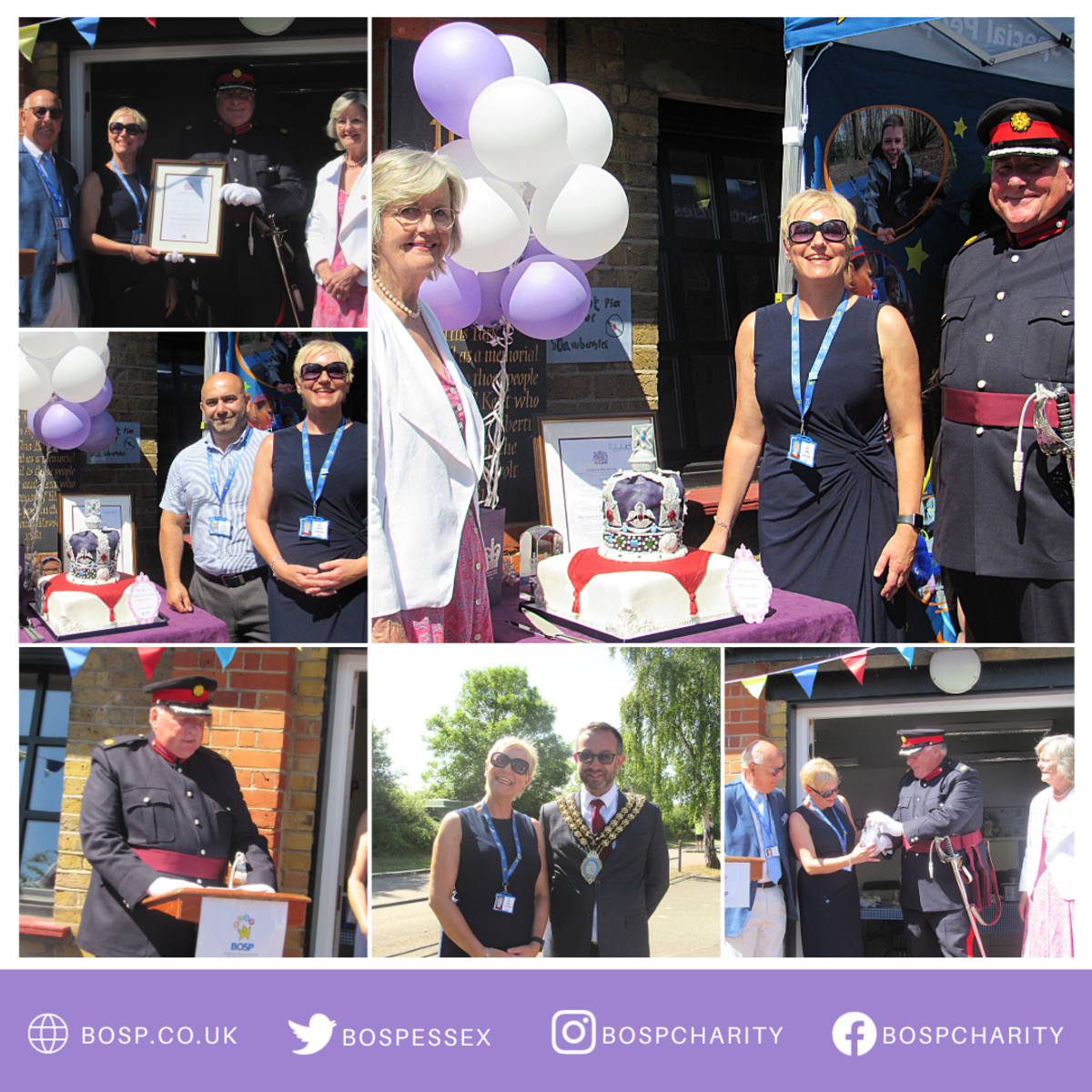 From left to right: Mr Peter Davies, BOSP Chair, Jodie Connelly, BOSP Chief Executive, Lady Rosemary Ruggles-Brise, Deputy Lieutenant, Mr Simon Brice, Deputy Lieutenant, Mr Arsen Poghosyan, BOSP Funding Officer and Perveyor of Torte Cake Art, Mayor of Basildon, Cllr Luke Mackenzie