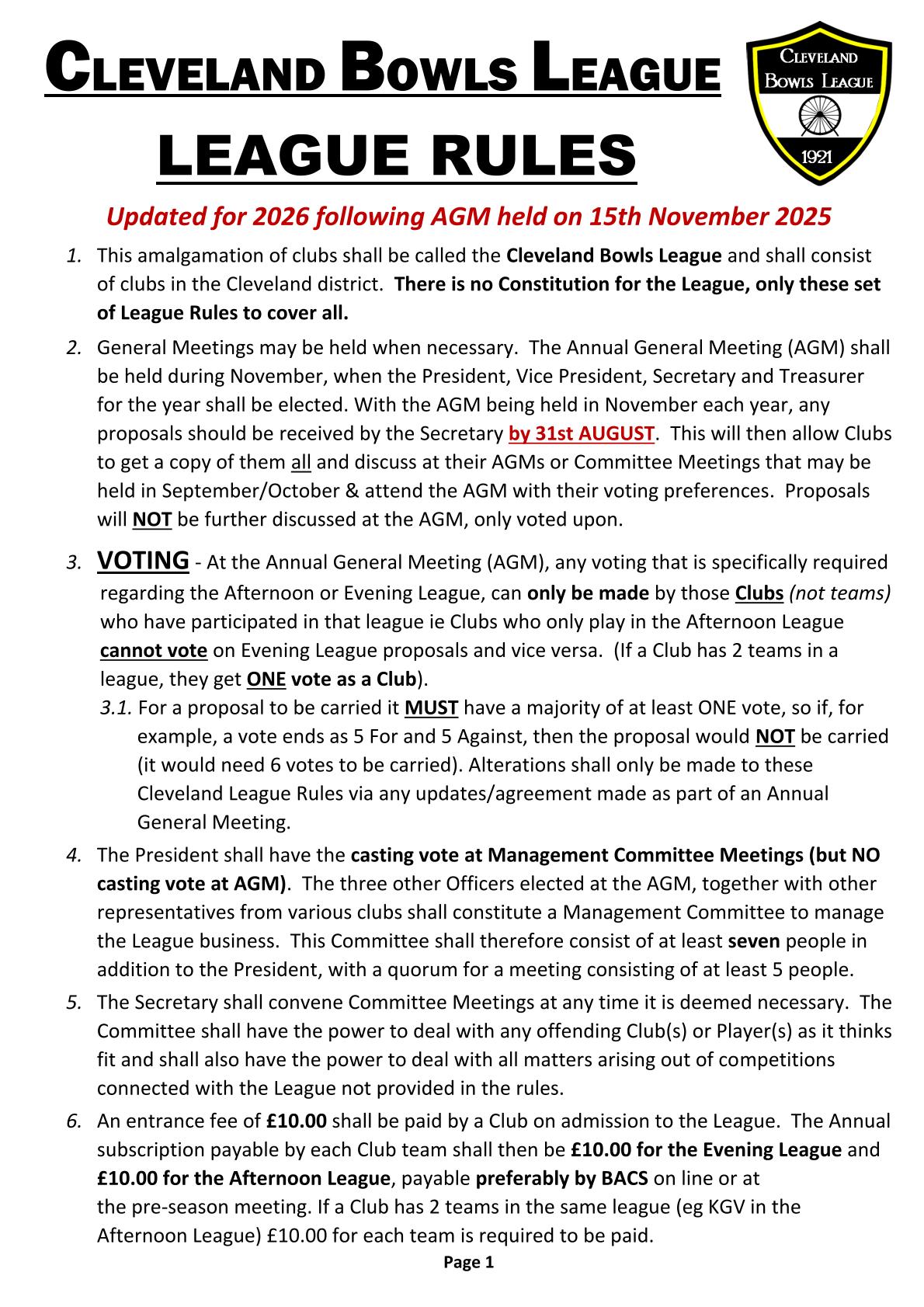 CLEVELAND BOWLS LEAGUE 1921 Rules - Updated Jan 2024