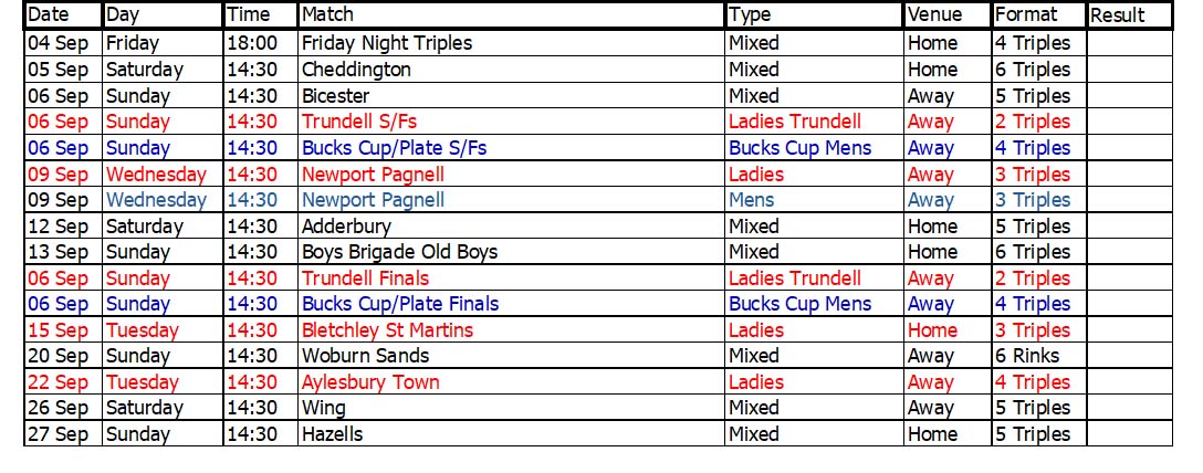 Buckingham West End Bowls Club 2006 September Fixtures