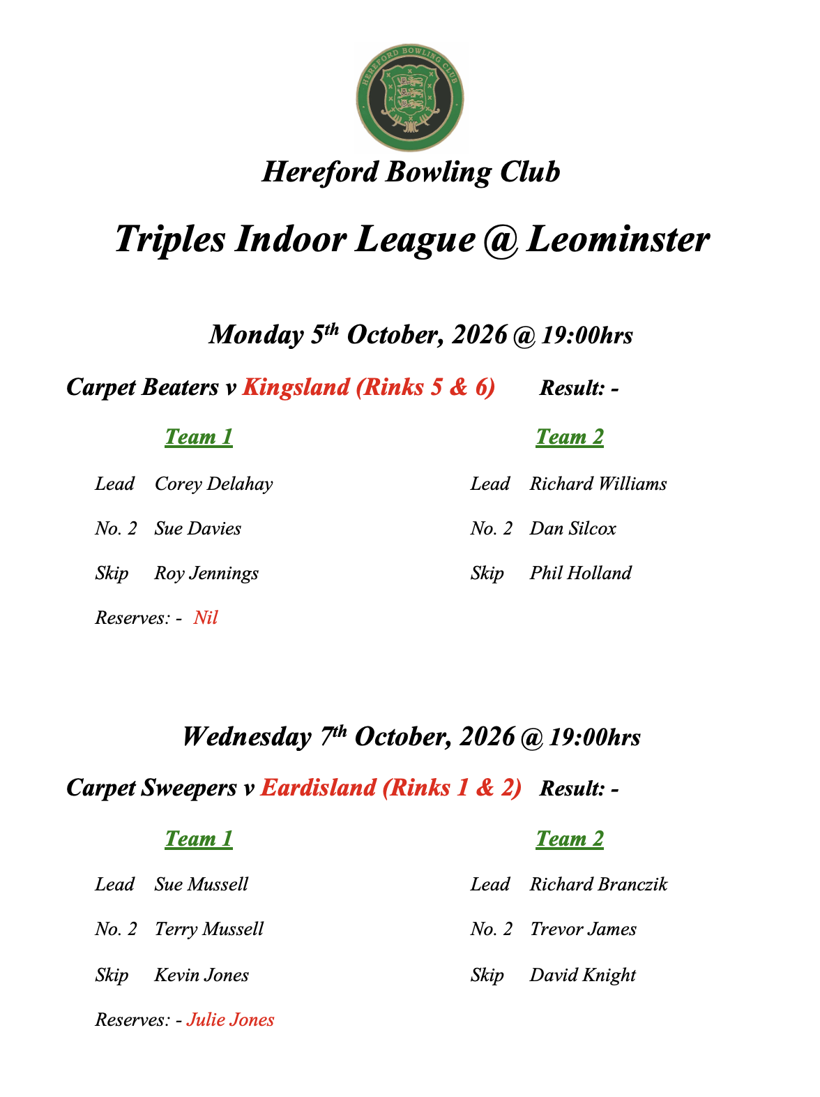 Hereford Bowling Club Team Selections for 5th & 7th October