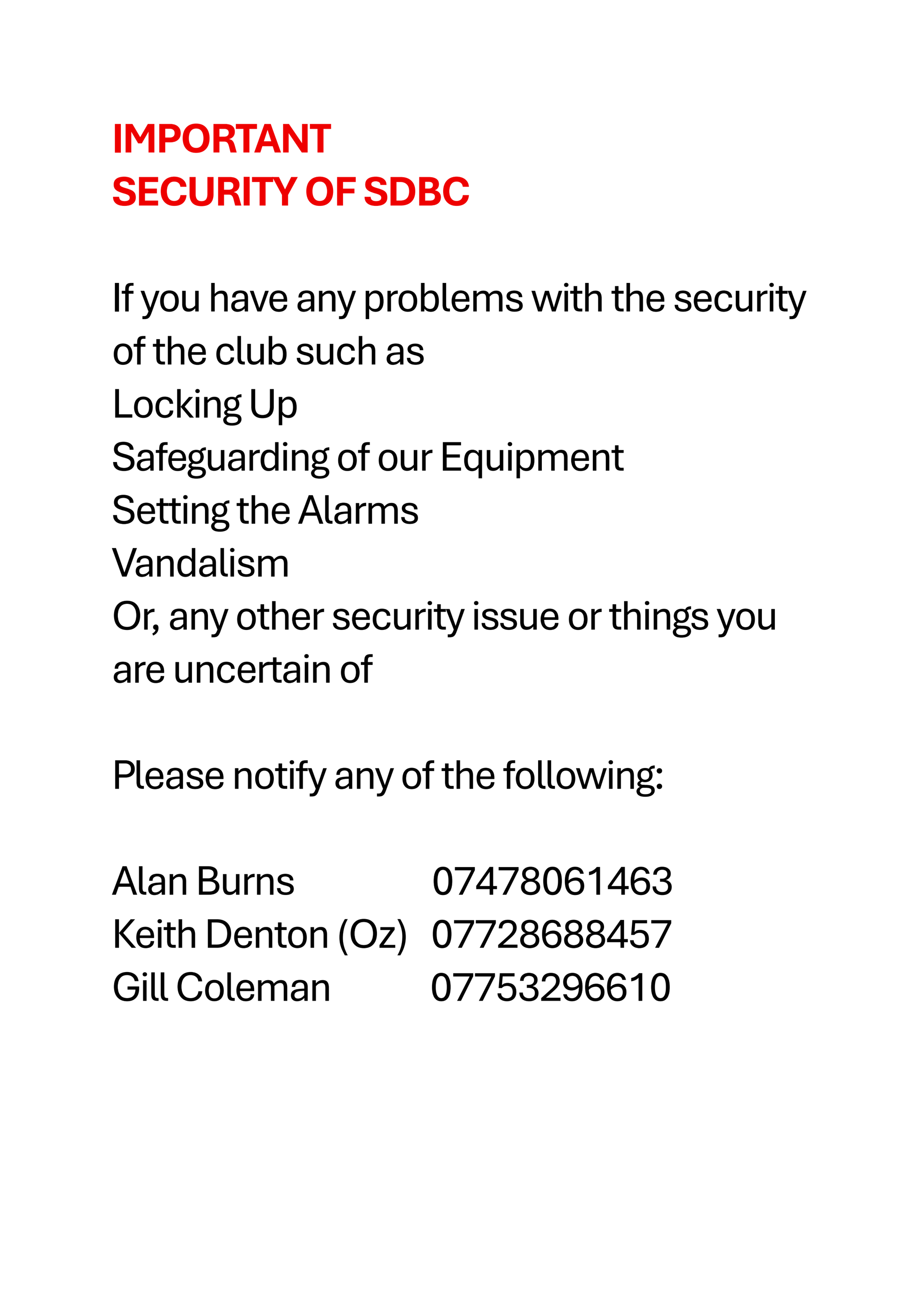 Smiths Dock Bowling Club Security Contacts