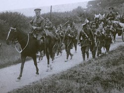 This photograph is of the battalion training on Salisbury Plain in the summer of 1914. The commanding officer is Lt Col Halstead, mounted in the foreground.