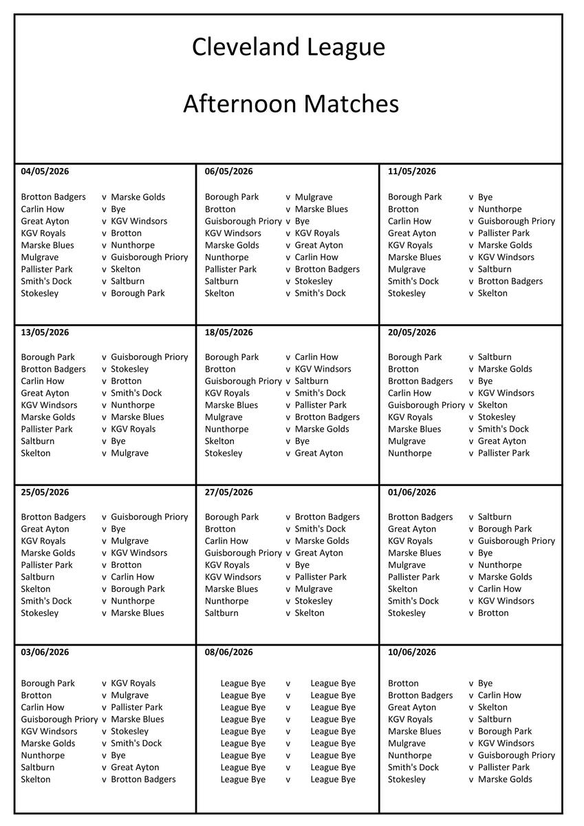CLEVELAND BOWLS LEAGUE 1921 Afternoon Fixtures for 2026 (not ready)