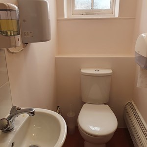 Toilet with washing facilities including hand drier