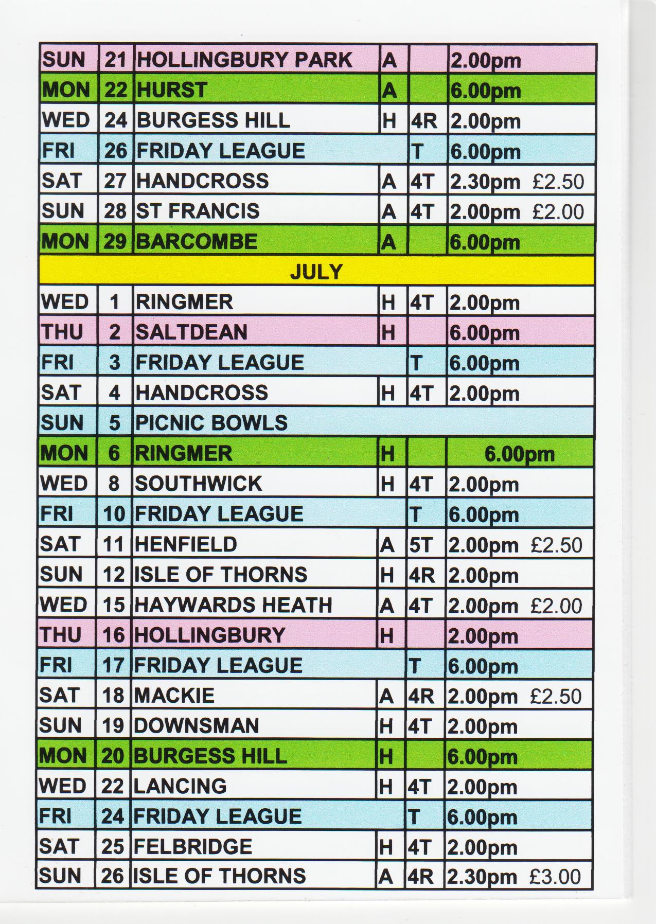 Adastra Bowling Club Fixtures