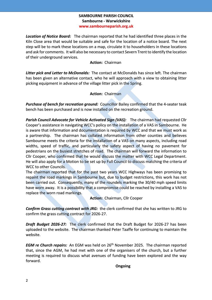Sambourne Parish Council July 2025 to present