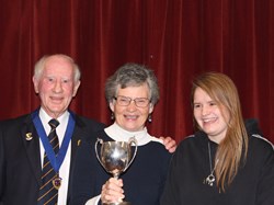 President John Newland with Genevieve McCrory & Jodie Gosling, winners of the Mary Baron Trophy, Ladies h/c Pairs